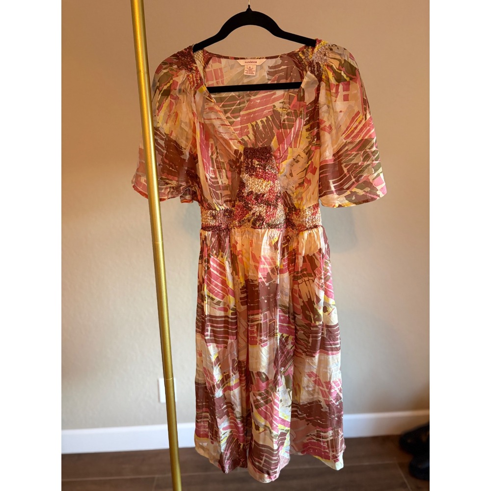 Sundance Dress Silk Abstract Print Smocked Size 6 Boho Art Flowy Resortwear